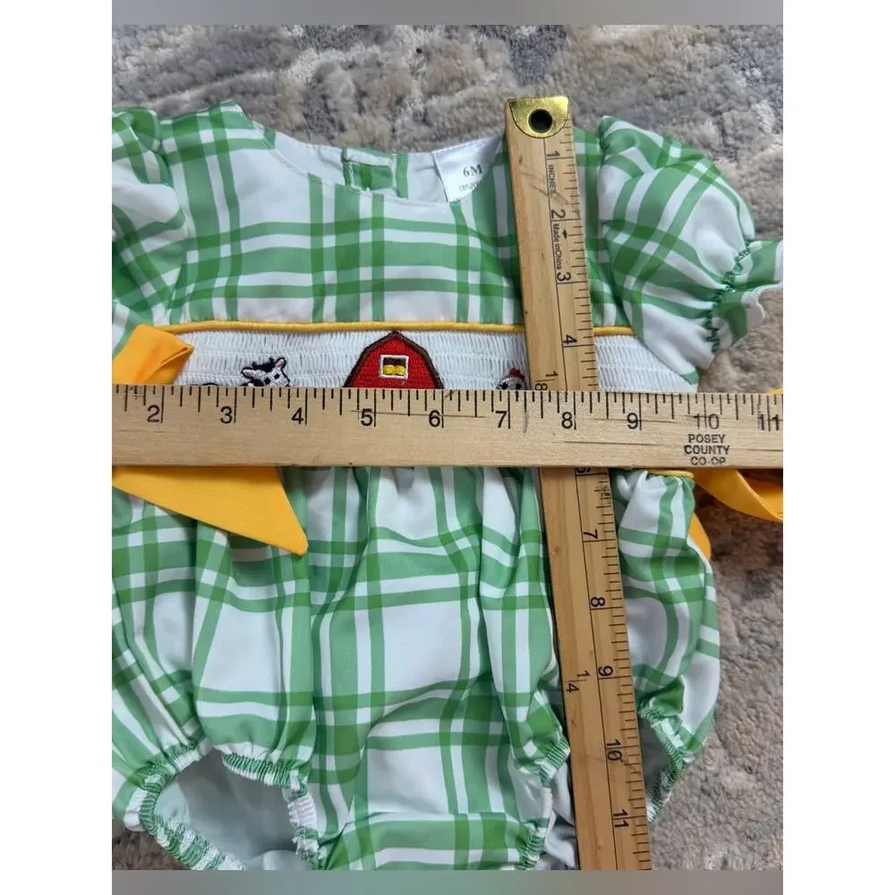green plaid smocked baby bubble romper farm animal embroidery size 3-6 months